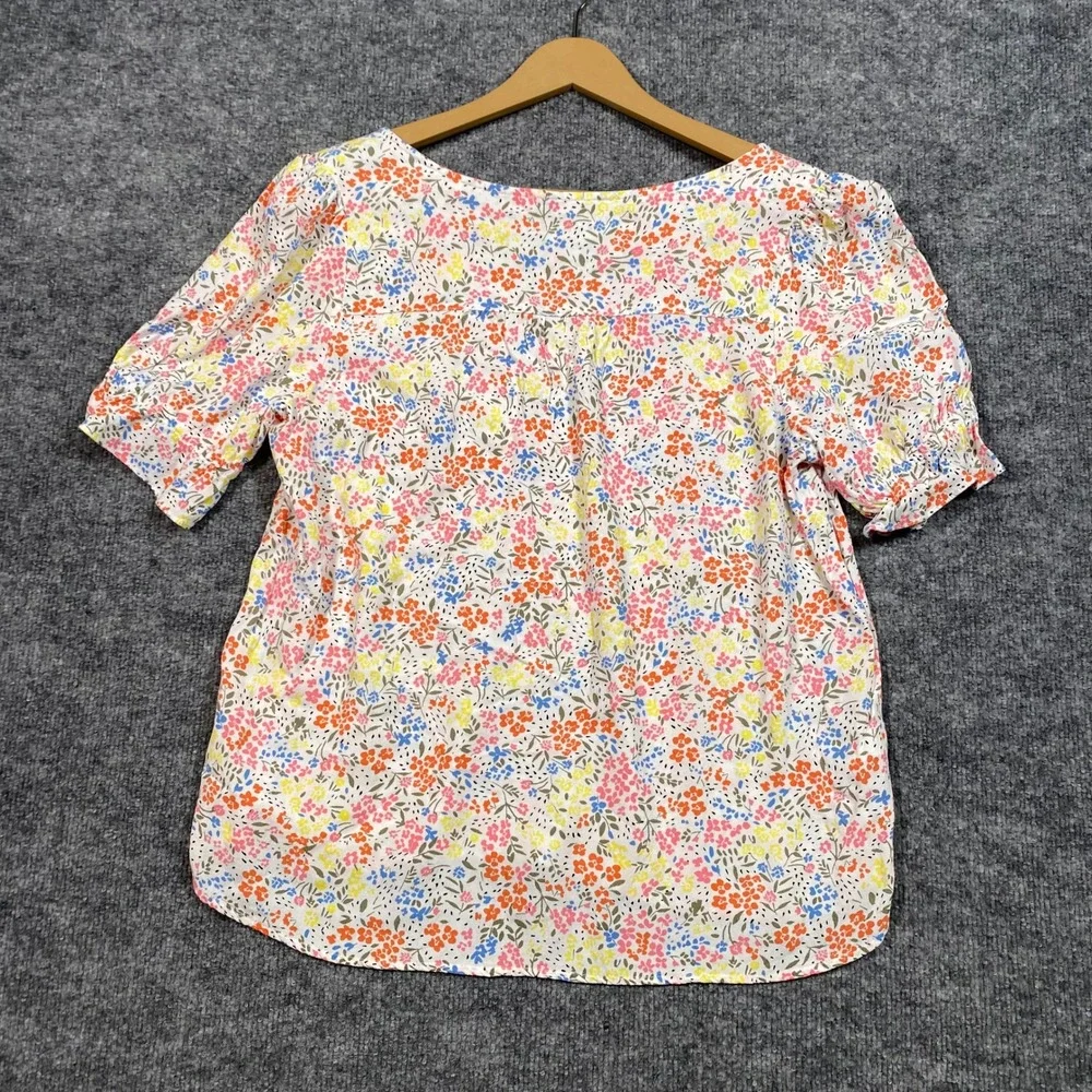 LOFT Womens Floral V-Neck Puff Sleeve Blouse White Multi Color Rayon Top Large